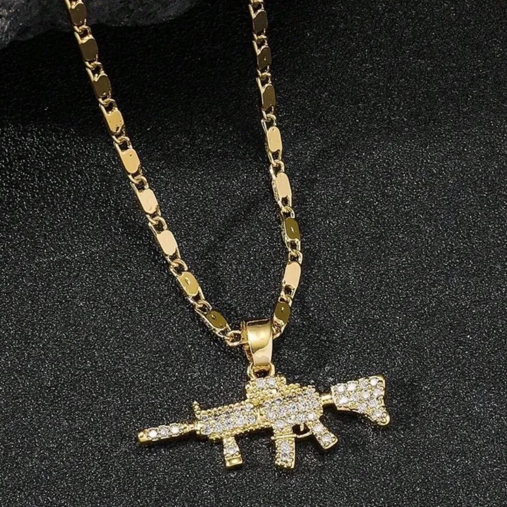 3for$20 1pc Gold-Color Luxury Cubic Zirconia Men's Gun Pattern Pendant Necklace